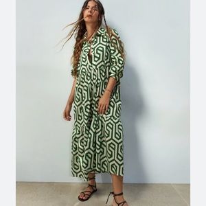 Zara geometrical print button down green midi dress XS